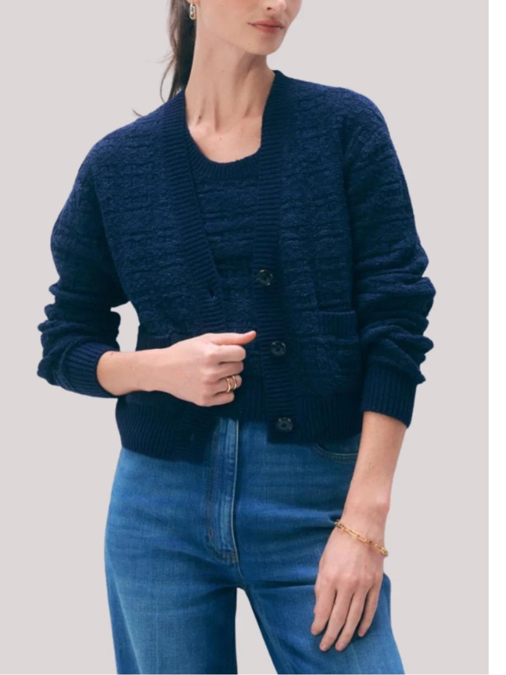White & Warren Boucle Cardigan Navy